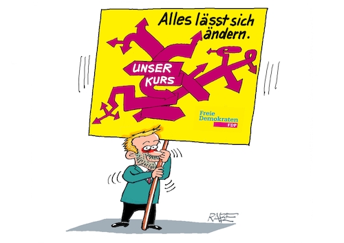 Cartoon: Lindners Kurswechsel (medium) by RABE tagged ampel,ampelregierung,rot,grün,gelb,fdp,spd,grüne,rabe,ralf,böhme,cartoon,karikatur,pressezeichnung,farbcartoon,tagescartoon,inflation,einkommen,rente,rentenpaket,bruch,streit,neuwahlen,wahlkampf,christian,lindner,liberale,änderung,kurs,transparent,schild,losung,ampel,ampelregierung,rot,grün,gelb,fdp,spd,grüne,rabe,ralf,böhme,cartoon,karikatur,pressezeichnung,farbcartoon,tagescartoon,inflation,einkommen,rente,rentenpaket,bruch,streit,neuwahlen,wahlkampf,christian,lindner,liberale,änderung,kurs,transparent,schild,losung