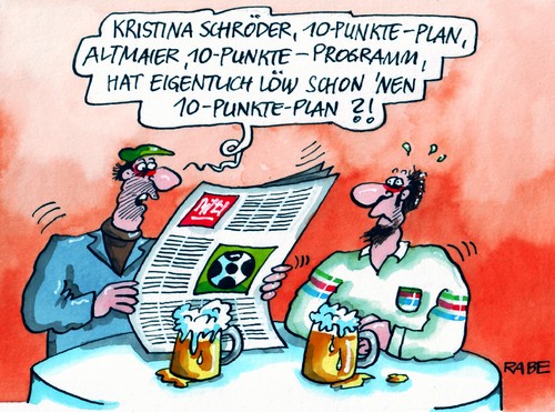 Cartoon: Löwprogramm (medium) by RABE tagged bundesfamilienministerin,kristina,schröder,cdu,kanzlerin,merkel,betreuungsgeld,herdprämie,csu,seehofer,kita,kitaplatz,krippenplatz,plan,programm,zehn,zehnpunkteplan,zehnpunkteprogramm,altmaier,energiewende,atomausstieg,löw,bundestrainer,training,fußball,fußballem,em,ukraine,polen,torwart,sieg,endspiel,fußballtor,atmmtiscj,bier,bierglas,zeitung,europameisterschaft,bundesfamilienministerin,kristina schröder,merkel,betreuungsgeld,seehofer,kita,kitaplatz,herdprämie,csu,kristina,schröder