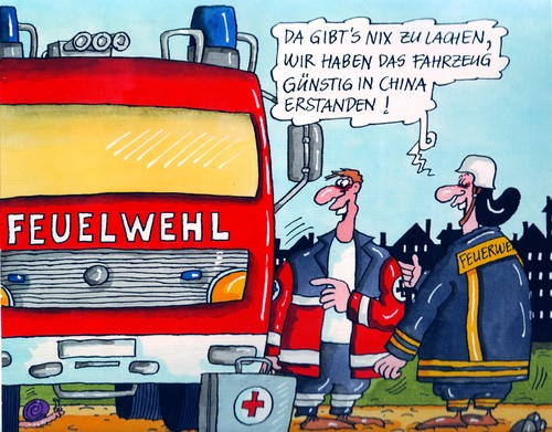 Cartoon: Made in China (medium) by RABE tagged feuerwehr,wehrleiter,rettungsdienst,feuerwehrmann,feuerwache,feuerwehrauto,brand,brandbekämpfung,löschen,löschzug,kameraden,löscheinsatz,beschriftung,china,billigland,einsparung,brandherd,werbung,schriftzug,buchstaben,klebeschrift,plotter,plotterschrift,firmierung,feuerwehr,rettungsdienst,feuerwehrmann,feuerwache,feuerwehrauto,brand,brandbekämpfung