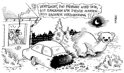 Cartoon: Marderbiss (medium) by RABE tagged marder,marderbiß,marderschaden,motorschaden,bremsschläuche,zuleitung,motorhaube,wiesel,steinmarder,ratz,marderfalle,marderschutz,pkw,auto,fahrzeug,versicherung,fahrzeugversicherung,marderversicherung,schadenersatz,selbstbeteiligung,versicherungsagentur,alianz,gothaer,hamburg,mannheimer,huk,coburg,iduna,police,ehepaar,frau,mann,haus,fenster,nacht,mondschein,vertragswerkstatt,schlosser,mechaniker,autowerkstatt,karosserie,problem,erklärung,versicherungsschutz,euro,krise,tellereisen,mausefalle,marder,marderbiß,marderschaden,motorschaden,motorhaube,wiesel,pkw,auto,fahrzeug,versicherung,fahrzeugversicherung,schadenersatz,selbstbeteiligung,versicherungsagentur