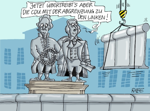 Cartoon: Mauer in Weimar (medium) by RABE tagged landtagswahlen,wahlergebnisse,sachsen,brandenburg,groko,spd,cdu,rabe,ralf,böhme,cartoon,karikatur,pressezeichnung,farbcartoon,tagescartoon,arzt,doktor,csu,afd,verluste,rechte,populismus,erfurt,weimar,bodo,ramelow,linke,mike,mohring,gespräche,regierungsbildung,goethe,schiller,nationaltheater,mauer,kunstprojekt,mauerfall,mauerbau,landtagswahlen,wahlergebnisse,sachsen,brandenburg,groko,spd,cdu,rabe,ralf,böhme,cartoon,karikatur,pressezeichnung,farbcartoon,tagescartoon,arzt,doktor,csu,afd,verluste,rechte,populismus,erfurt,weimar,bodo,ramelow,linke,mike,mohring,gespräche,regierungsbildung,goethe,schiller,nationaltheater,mauer,kunstprojekt,mauerfall,mauerbau