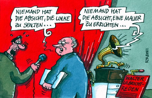 Cartoon: Mauerbau (medium) by RABE tagged oskar,lafontaine,wagenknecht,linke,parteitag,doppelspitze,parteiführung,ost,west,bartsch,ernst,gysi,ddr,sed,pds,kommunisten,sozialismus,grenze,mauerbau,diktatur,walter,ulbricht,absicht,errichtung,antifaschisten,spaltung,grenzsoldaten,grammophon,schallplatte,cover,mauerfall,wende,oskar lafontaine,wagenknecht,linke,doppelspitze,ddr,sed,oskar,lafontaine