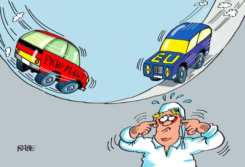 Cartoon: Maut (medium) by RABE tagged bundesregierung,verkehrsminister,dobrindt,maut,brüssel,eu,verkehrsausschuss,ausländermaut,pkw,rabe,ralf,böhme,cartoon,karikatur,pressezeichnung,farbcartoon,tagescartoon,vertragsverletzungsverfahren,juncker,deutschland,autofahrer,steuerzahler,maut,dobrindt,verkehrsminister,bundesregierung,pkw,ausländermaut,verkehrsausschuss,eu,brüssel,rabe,ralf,böhme,cartoon,karikatur,pressezeichnung,farbcartoon,tagescartoon,vertragsverletzungsverfahren,juncker,deutschland,autofahrer,steuerzahler