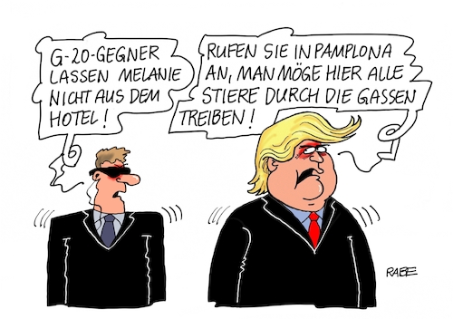 Cartoon: Melanie Trump (medium) by RABE tagged hamburg,sturmflut,zwanzig,gipfel,militante,linke,linksextremisten,rabe,ralf,böhme,cartoon,karikatur,pressezeichnung,farbcartoon,tagescartoon,welle,gewalt,innenminister,melanie,trump,hotel,atlantic,kempinski,hansestadt,bodyguard,sicherheitslage,partnerprogramm,pamlona,stiere,stierhatz,hamburg,sturmflut,zwanzig,gipfel,militante,linke,linksextremisten,rabe,ralf,böhme,cartoon,karikatur,pressezeichnung,farbcartoon,tagescartoon,welle,gewalt,innenminister,melanie,trump,hotel,atlantic,kempinski,hansestadt,bodyguard,sicherheitslage,partnerprogramm,pamlona,stiere,stierhatz