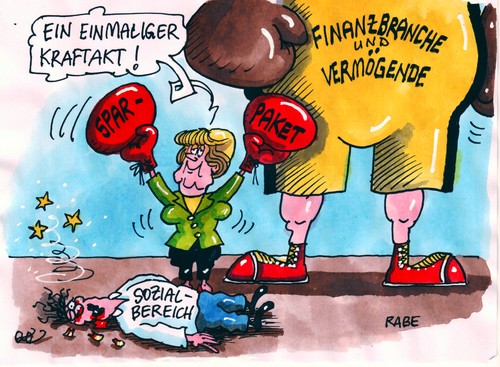 Cartoon: Merkels Kraftakt (medium) by RABE tagged merkel,cdu,bundesregierung,kraftakt,boxen,knockout,finanzbranche,banker,vermögende,geld,euro,boxhandschuhe,sozialhilfe,sozialhilfeempfänger,sozialamt,arbeitamt,armut,hartz,iv,arbeitslosigkeit,unterschicht,bundeskanzlerin,angela merkel,cdu,bundesregierung,banker,euro,geld,sozialamt,arbeitamt,hartz,armut,arbeitslosigkeit,angela,merkel