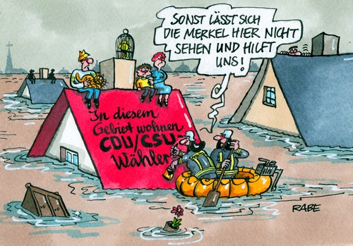 Cartoon: Merkelwähler (medium) by RABE tagged jahrhundertflut,hochwasser,merkel,kanzlerin,cdu,wahlkampf,katastrophengebiet,rettungsboot,hochwasseropfer,pegel,höchsstand,rabe,ralf,böhme,cartoon,karikatur,pressezeichnung,farbcartoon,schlauchboot,csu,seehofer,bayern,sachsen,saale,elbe,mulde,donau,passau,pirna,wähler,bundestagswahlkampf,hilfe,gelder,feuerwehr,hochwassergebiet,flussläufe,deiche,sabdsäcke,helfer,damm,dammbruch,jahrhundertflut,hochwasser,merkel,kanzlerin,cdu,wahlkampf,katastrophengebiet,rettungsboot,hochwasseropfer,pegel,höchsstand,rabe,ralf,böhme,cartoon,karikatur,pressezeichnung,farbcartoon,schlauchboot,csu,seehofer,bayern,sachsen,saale,elbe,mulde,donau,passau,pirna,wähler,bundestagswahlkampf,hilfe,gelder,feuerwehr,hochwassergebiet,flussläufe,deiche,sabdsäcke,helfer,damm,dammbruch