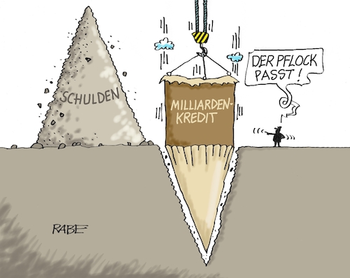 Cartoon: Milliardeneckpflock (medium) by RABE tagged ampel,ampelregierung,rot,grün,gelb,fdp,spd,grüne,rabe,ralf,böhme,cartoon,karikatur,pressezeichnung,farbcartoon,tagescartoon,inflation,einkommen,rente,rentenpaket,bruch,streit,neuwahlen,merz,sondervermögen,groko,koalitionsgespräch,schuldenpaket,eckpunkte,milliardenkredit,pflock,schuldenbremse,schuldenberg,kran,ampel,ampelregierung,rot,grün,gelb,fdp,spd,grüne,rabe,ralf,böhme,cartoon,karikatur,pressezeichnung,farbcartoon,tagescartoon,inflation,einkommen,rente,rentenpaket,bruch,streit,neuwahlen,merz,sondervermögen,groko,koalitionsgespräch,schuldenpaket,eckpunkte,milliardenkredit,pflock,schuldenbremse,schuldenberg,kran