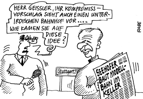 Cartoon: Modellbähnle (medium) by RABE tagged schlichterspruch,grüne,kretschmann,bahnhof,schlichter,kopfbahnhof,kompromiss,vermittler,cdu,geißler,einundzwanzig,stuttgart,unterirdisch,idee,seehofer,csu,modellbahn,modelleisenbahn,keller,blockade,bahn,deutsche,ag,baustelle,bauvorhaben,investition,bauaufträge,vergabe,stuttgart 21,bahnhof,schlichter,schlichterspruch,vermittler,cdu,geißler,stuttgart,21