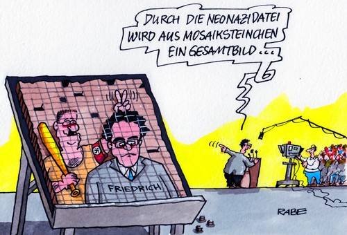 Cartoon: Mosaiksteinchen (medium) by RABE tagged friedrich,bundesinnenminister,csu,bayern,innenminister,innenministerium,bundesregierung,kanzlerin,cdu,berlin,verfassungsschutz,verfassungsschützer,vleute,reform,verfassungsschutzreform,reförmchen,nazi,neonazi,neonaziszene,polizei,nsu,terrorzelle,akten,spitzel,neonazidatei,gesamtbild,mosaik,mosaiksteinchen,polizeigewerkschaft,informationspannen,neonazitrio,zwickau,innensenator,henkel,informationslücken,friedrich,bundesinnenminister,csu,bayern,innenminister,innenministerium,bundesregierung,kanzlerin,cdu,berlin,verfassungsschutz,verfassungsschützer,vleute,reform,verfassungsschutzreform,reförmchen,nazi,neonazi,neonaziszene,polizei,nsu,terrorzelle,akten,spitzel,neonazidatei,gesamtbild,mosaik,mosaiksteinchen,polizeigewerkschaft,informationspannen,neonazitrio,zwickau,innensenator,henkel,informationslücken