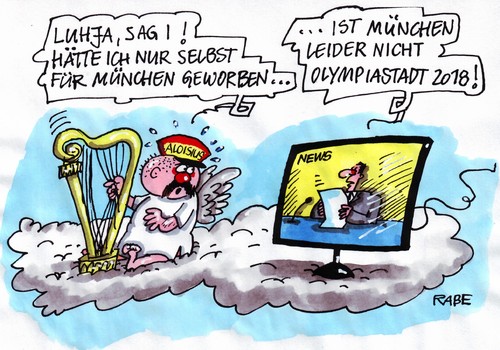 Cartoon: München Ja (medium) by RABE tagged winterspiele,wintersport,olympiabewerbung,ioc,durban,witt,bundespräsident,wulff,cdu,franz,beckenbauer,fußball,münchen,bayern,alpen,olympiastadt,aloisius,wolke,himmel,harfe,luhja,nachrichten,tv,news,zusage,winterspiele,wintersport,olympiabewerbung,ioc,durban,bundespräsident,wulff,beckenbauer,sport