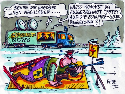 Cartoon: Nachlader (medium) by RABE tagged schwarzgelb,bundesregierung,merkel,westerwelle,euro,parteien,cdu,fdp,biathlon,wintersport,gewehr,ski,winter,schnee,startnummer,munition,schießen,treffer,zielscheibe,versager,satelitenschüßel,liveübertragung,sport,reporter,umfragewerte,berlin,regierungsviertel,schwarzgelb,bundesregierung,merkel,westerwelle,euro,parteien,cdu,fdp,biathlon,wintersport,gewehr,winter,schnee