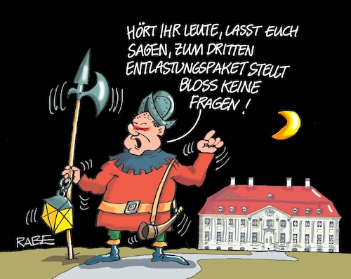 Cartoon: Nachtwächtereien (medium) by RABE tagged gas,gassparen,gasnotstand,gasgeben,sanktionen,gasspeicher,gasheizung,rabe,ralf,böhme,cartoon,karikatur,pressezeichnung,farbcartoon,tagescartoon,robert,habeck,putin,ukrainekrieg,energiekrise,strom,stromsparen,entlastung,entlastungspaket,schloß,meseberg,klausurtagung,bundesregierung,nacht,nachtwächter,scholz,helmbarde,helebarde,laterne,gas,gassparen,gasnotstand,gasgeben,sanktionen,gasspeicher,gasheizung,rabe,ralf,böhme,cartoon,karikatur,pressezeichnung,farbcartoon,tagescartoon,robert,habeck,putin,ukrainekrieg,energiekrise,strom,stromsparen,entlastung,entlastungspaket,schloß,meseberg,klausurtagung,bundesregierung,nacht,nachtwächter,scholz,helmbarde,helebarde,laterne