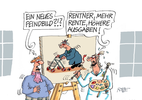 Cartoon: Neues Feindbild (medium) by RABE tagged merz,union,kanzler,fritze,koalition,spd,klingbeil,bundesregierung,rabe,ralf,böhme,cartoon,karikatur,pressezeichnung,farbcartoon,tagescartoon,trump,putin,krisen,tv,nachrichten,waschmaschine,rente,rentner,rentenniveau,rentenkürzung,renteneintrittsalter,maler,künstler,leinwand,pinsel,gemälde,rollator,kosten,ausgaben,merz,union,kanzler,fritze,koalition,spd,klingbeil,bundesregierung,rabe,ralf,böhme,cartoon,karikatur,pressezeichnung,farbcartoon,tagescartoon,trump,putin,krisen,tv,nachrichten,waschmaschine,rente,rentner,rentenniveau,rentenkürzung,renteneintrittsalter,maler,künstler,leinwand,pinsel,gemälde,rollator,kosten,ausgaben