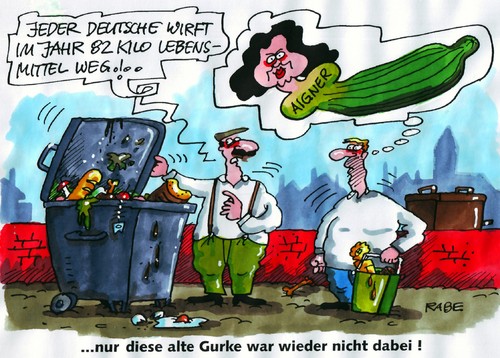 Cartoon: Nochmal alte Gurke (medium) by RABE tagged aigner,ilse,csu,verbraucherschutz,verbraucherschützer,verbraucherschutzministerin,bundesregierung,lebensmittel,kunde,supermarkt,lebensmittelindustrie,tonne,müll,biotonne,abfall,wegwerfen,kilo,gurke,verfallsdatum,verbrauchsdatum,bürger,studie,schnitt,waren,untersuchung,verschwendung,hunger,wertschätzung,bewusstseinswandel,müllkippe,mülleimer,müllhalde,aigner,csu,verbraucherschützer,bundesregierung,lebensmittel