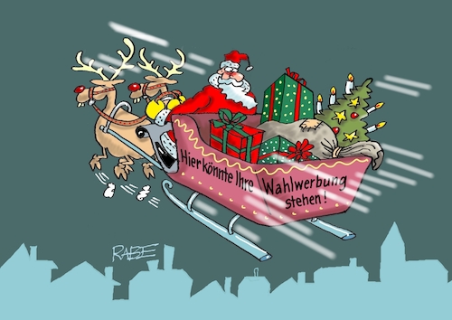 Cartoon: Nochmal Wahlwerbung (medium) by RABE tagged ampel,ampelregierung,rot,grün,gelb,fdp,spd,grüne,rabe,ralf,böhme,cartoon,karikatur,pressezeichnung,farbcartoon,tagescartoon,inflation,einkommen,rente,rentenpaket,bruch,streit,neuwahlen,wahlkampf,vertrauensfrage,wahlwerbung,werbefläche,weihnachten,weihnachtsmann,schlitten,geschenke,rentier,weihnachtsbaum,ampel,ampelregierung,rot,grün,gelb,fdp,spd,grüne,rabe,ralf,böhme,cartoon,karikatur,pressezeichnung,farbcartoon,tagescartoon,inflation,einkommen,rente,rentenpaket,bruch,streit,neuwahlen,wahlkampf,vertrauensfrage,wahlwerbung,werbefläche,weihnachten,weihnachtsmann,schlitten,geschenke,rentier,weihnachtsbaum