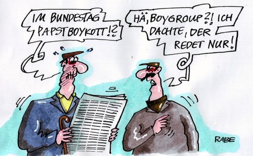 Cartoon: Papstboygroup (medium) by RABE tagged papstbesuch,papstrede,pastboykott,bundestag,berlin,rednerpult,bundesregierung,parteien,protest,fernbleiben,linke,grüne,spd,vatikan,rom,katholiken,kirchenoberhaupt,rede,protestresulution,heilig,vater,papst,papstbesuch,papstprotest,papstrede,papstredeboykott,boykott,redeboykotte,bundestag,bundesregierung