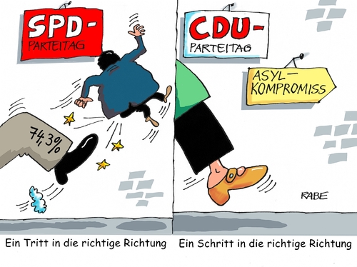 Cartoon: Parteitage (medium) by RABE tagged cdu,spd,parteitag,parteispitze,kanzlerkandidatur,tritt,schritt,wiederwahl,merkel,gabriel,flüchtlinge,flüchtlingspolitigk,denkzettel,abstrafung,rabe,ralf,böhme,cartoon,karikatur,pressezeichnung,farbcartoon,tagescartoon,arschtritt,asylpolitik,asylkompromiss,flüchtlingsdebatte,obergrenze,csu,seehofer,cdu,spd,parteitag,parteispitze,kanzlerkandidatur,tritt,schritt,wiederwahl,merkel,gabriel,flüchtlinge,flüchtlingspolitigk,denkzettel,abstrafung,rabe,ralf,böhme,cartoon,karikatur,pressezeichnung,farbcartoon,tagescartoon,arschtritt,asylpolitik,asylkompromiss,flüchtlingsdebatte,obergrenze,csu,seehofer