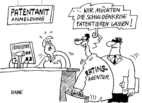 Cartoon: Patentamt (medium) by RABE tagged patentamt,patent,patentlösung,anmeldung,ratingagentur,fitch,moodys,harabstufung,euro,krise,eurokrise,schuldenkrise,eu,griechenland,athen,rettungsschirm,pleite,staatspleite,deitsche,bank,kanzlerin,merkel,cdu,finanzminister,bundesregierung,schäuble,banken,ackermann,bankenchefs,staatsbankrott,börse,aktien,dowjones,dax,währungsunion,patentamt,patentlösung,anmeldung,ratingagentur,fitch,moodys,harabstufung,euro,krise,eurokrise,schuldenkrise