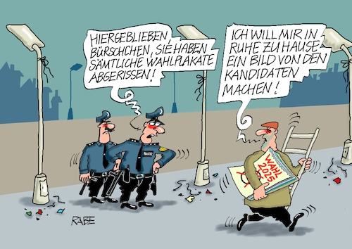 Cartoon: Plakatschänder (medium) by RABE tagged ampel,ampelregierung,rot,grün,gelb,fdp,spd,grüne,rabe,ralf,böhme,cartoon,karikatur,pressezeichnung,farbcartoon,tagescartoon,inflation,einkommen,rente,rentenpaket,bruch,streit,neuwahlen,wahlkampf,kanzlerkandidaten,wahlwerbung,wahlplakat,leiter,laterne,polizei,beschädigung,ampel,ampelregierung,rot,grün,gelb,fdp,spd,grüne,rabe,ralf,böhme,cartoon,karikatur,pressezeichnung,farbcartoon,tagescartoon,inflation,einkommen,rente,rentenpaket,bruch,streit,neuwahlen,wahlkampf,kanzlerkandidaten,wahlwerbung,wahlplakat,leiter,laterne,polizei,beschädigung