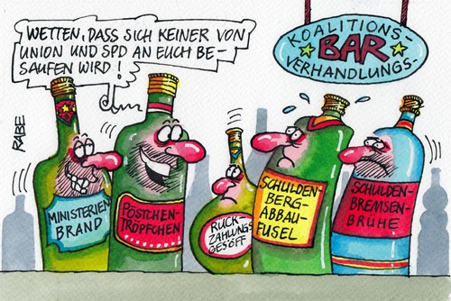 Cartoon: Pöstchenbar (medium) by RABE tagged koalition,koalitionsverhandlungen,verhandlungsfüher,finanzen,finanzexperten,finanzminister,schäuble,union,cdu,csu,spd,gabriel,naheles,regierungsbildung,rabe,ralf,böhme,cartoon,karikatur,pressezeichnung,farbcartoon,ministerien,posten,pöstchenschacherei,schulden,schuldenbremse,schuldenberg,sparkurs,rückzahlung,geld,geldausgaben,euro,personalfrageb,personaldebatte,bar,alkohol,flaschen,brand,likör,mixgetränke,barkeeper,schnapsflaschen,fusel,gesöff,tröpfchen,brühe,koalition,koalitionsverhandlungen,verhandlungsfüher,finanzen,finanzexperten,finanzminister,schäuble,union,cdu,csu,spd,gabriel,naheles,regierungsbildung,rabe,ralf,böhme,cartoon,karikatur,pressezeichnung,farbcartoon,ministerien,posten,pöstchenschacherei,schulden,schuldenbremse,schuldenberg,sparkurs,rückzahlung,geld,geldausgaben,euro,personalfrageb,personaldebatte,bar,alkohol,flaschen,brand,likör,mixgetränke,barkeeper,schnapsflaschen,fusel,gesöff,tröpfchen,brühe