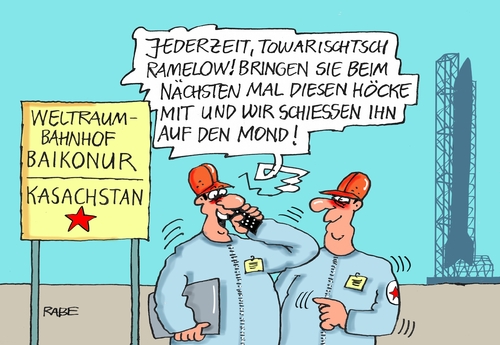 Cartoon: Ramelow Kasachstan (medium) by RABE tagged bodo,ramelow,ministerpräsident,thüringen,linke,afd,björn,höcke,besuch,staatsbesuch,rabe,ralf,böhme,cartoon,karikatur,pressezeichnung,farbcartoon,tagescartoon,baikonur,weltraumbahnhof,kasachstan,mond,rakete,umlaufbahn,bodo,ramelow,ministerpräsident,thüringen,linke,afd,björn,höcke,besuch,staatsbesuch,rabe,ralf,böhme,cartoon,karikatur,pressezeichnung,farbcartoon,tagescartoon,baikonur,weltraumbahnhof,kasachstan,mond,rakete,umlaufbahn