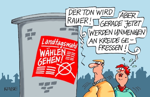 Cartoon: Raue Tonlage (medium) by RABE tagged landtagswahl,thüringen,septemper,cdu,afd,mario,voigt,bernd,höcke,tv,duell,fernsehduell,rabe,ralf,böhme,cartoon,karikatur,pressezeichnung,farbcartoon,tagescartoon,litfaßsäule,wahlplakat,tonlage,hals,agressivität,landtagswahl,thüringen,septemper,cdu,afd,mario,voigt,bernd,höcke,tv,duell,fernsehduell,rabe,ralf,böhme,cartoon,karikatur,pressezeichnung,farbcartoon,tagescartoon,litfaßsäule,wahlplakat,tonlage,hals,agressivität