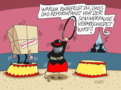 Cartoon: Reformenzirkus (medium) by RABE tagged merz,kanzler,koalition,union,spd,klingbeil,cartoon,karikatur,pressezeichnung,farbcartoon,tagescartoon,db,bahn,frühling,frühjahr,frühjahrsputz,ice,zug,blumenkasten,blumenkästen,esc,songcontest,reform,reformen,zirkus,manege,dompteur,reformenzirkus,reformpaket,reifen,rentenreform,steuerreform,merz,kanzler,koalition,union,spd,klingbeil,cartoon,karikatur,pressezeichnung,farbcartoon,tagescartoon,db,bahn,frühling,frühjahr,frühjahrsputz,ice,zug,blumenkasten,blumenkästen,esc,songcontest,reform,reformen,zirkus,manege,dompteur,reformenzirkus,reformpaket,reifen,rentenreform,steuerreform