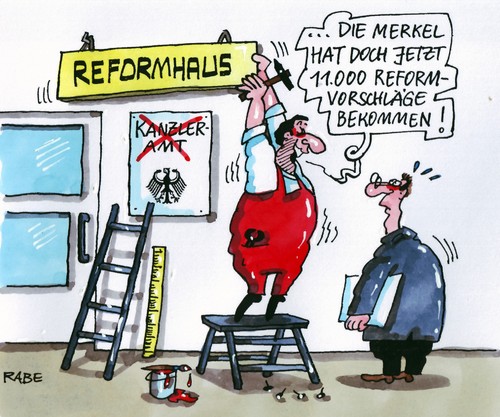 Cartoon: Reformflut (medium) by RABE tagged bundesregierung,merkel,kanzlerin,cdu,mutti,angie,kanzleramt,berlin,spree,hauptstadt,reform,reformhaus,reformvorschläge,bürgerdialog,deutschland,handlungsvorschläge,euro,krise,arbeitslosigkeit,konjunktur,bürger,probleme,bundesadler,handwerker,regierungssprecher,auswertung,kanzlerrunde,kanzlergespräch,bundesregierung,merkel,kanzlerin,cdu,mutti,angie,kanzleramt,berlin