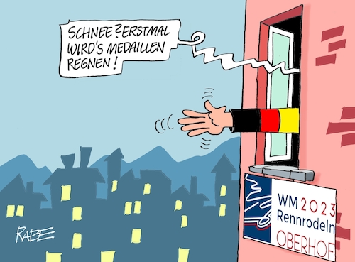 Cartoon: Regenwetter (medium) by RABE tagged oberhof,rennrodler,rennrodeln,schlitten,bob,bobbahn,eiskanal,sportler,rabe,ralf,böhme,cartoon,karikatur,pressezeichnung,farbcartoon,tagescartoon,regen,gegenwetter,schnee,medaille,medaillenregen,oberhof,rennrodler,rennrodeln,schlitten,bob,bobbahn,eiskanal,sportler,rabe,ralf,böhme,cartoon,karikatur,pressezeichnung,farbcartoon,tagescartoon,regen,gegenwetter,schnee,medaille,medaillenregen