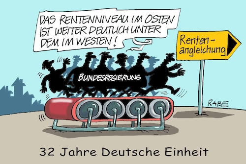 Cartoon: Renteneinheit (medium) by RABE tagged rente,rentner,einstiegsalter,renteneinstiegsalter,siebzig,ranbe,ralf,böhme,cartoon,karikatur,pressezeichnung,farbcartoon,tagescartoon,rentenniveau,rentenangleichung,ost,west,ostrentner,westrentner,laufband,bundesregierung,angleichung,einheitsfeier,benachteiligung,rente,rentner,einstiegsalter,renteneinstiegsalter,siebzig,ranbe,ralf,böhme,cartoon,karikatur,pressezeichnung,farbcartoon,tagescartoon,rentenniveau,rentenangleichung,ost,west,ostrentner,westrentner,laufband,bundesregierung,angleichung,einheitsfeier,benachteiligung