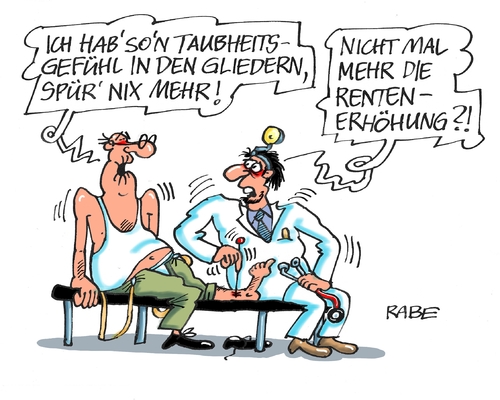 Cartoon: Rentenerhöhung (medium) by RABE tagged rente,rentner,rentenerhöhung,ostrentner,westrentner,rentenalter,oma,opa,rabe,ralf,böhme,cartoon,karikatur,pressezeichnung,farbcartoon,tagescartoon,arzt,doktor,durchblutung,durchblutungsstörung,spürbar,rente,rentner,rentenerhöhung,ostrentner,westrentner,rentenalter,oma,opa,rabe,ralf,böhme,cartoon,karikatur,pressezeichnung,farbcartoon,tagescartoon,arzt,doktor,durchblutung,durchblutungsstörung,spürbar