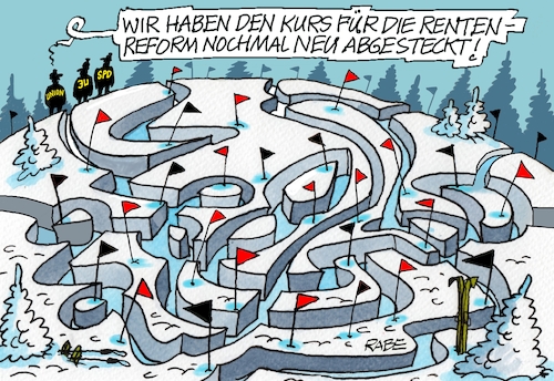 Cartoon: Rentenslalom (medium) by RABE tagged merz,union,kanzler,fritze,koalition,spd,klingbeil,bundesregierung,rabe,ralf,böhme,cartoon,karikatur,pressezeichnung,farbcartoon,tagescartoon,trump,putin,krisen,tv,nachrichten,waschmaschine,rente,rentner,rentenreform,rentenpaket,abstimmung,ju,junge,quertreiber,wintersport,slalom,ski,abfahrtslauf,strecke,merz,union,kanzler,fritze,koalition,spd,klingbeil,bundesregierung,rabe,ralf,böhme,cartoon,karikatur,pressezeichnung,farbcartoon,tagescartoon,trump,putin,krisen,tv,nachrichten,waschmaschine,rente,rentner,rentenreform,rentenpaket,abstimmung,ju,junge,quertreiber,wintersport,slalom,ski,abfahrtslauf,strecke