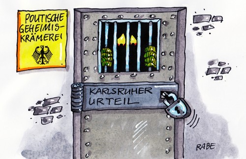 Cartoon: Riegel vorgeschoben (medium) by RABE tagged kahrlsruhe,urteil,bundesverfassungsgericht,parlament,bundesregierung,bundesrat,grüne,widerspruch,gesetz,geheimniskrämerei,eu,beschlüsse,fiskalpakt,rettungsschirm,gefängnis,riegel,schloss,gitter,griechenland,abgeordnete,merkel,kanzlerin,koalition,cdu,kahrlsruhe,bundesverfassungsgericht,parlament,bundesregierung,bundesrat,grüne