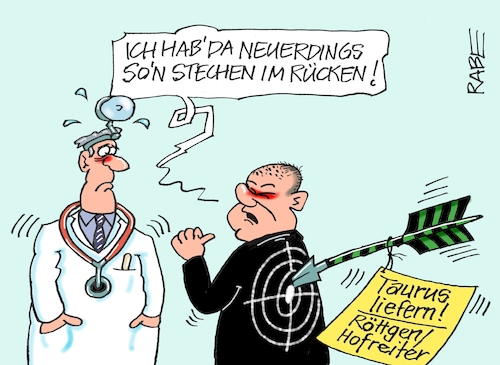 Cartoon: Rücken (medium) by RABE tagged ampel,ampelregierung,scholz,kanzler,grüne,union,spd,habeck,röttgen,merz,hofreiter,rabe,ralf,böhme,cartoon,karikatur,pressezeichnung,farbcartoon,tagescartoon,doktor,arzt,rücken,rückenschmerzen,stechen,pfeil,zielscheibe,taurus,tauruslieferung,marschflugkörper,drohne,ukraine,ukrainekrieg,ampel,ampelregierung,scholz,kanzler,grüne,union,spd,habeck,röttgen,merz,hofreiter,rabe,ralf,böhme,cartoon,karikatur,pressezeichnung,farbcartoon,tagescartoon,doktor,arzt,rücken,rückenschmerzen,stechen,pfeil,zielscheibe,taurus,tauruslieferung,marschflugkörper,drohne,ukraine,ukrainekrieg