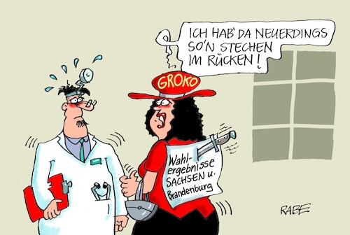 Cartoon: Rückenstechen (medium) by RABE tagged landtagswahlen,wahlergebnisse,sachsen,brandenburg,groko,spd,cdu,rabe,ralf,böhme,cartoon,karikatur,pressezeichnung,farbcartoon,tagescartoon,arzt,doktor,csu,afd,verluste,rechte,populismus,landtagswahlen,wahlergebnisse,sachsen,brandenburg,groko,spd,cdu,rabe,ralf,böhme,cartoon,karikatur,pressezeichnung,farbcartoon,tagescartoon,arzt,doktor,csu,afd,verluste,rechte,populismus