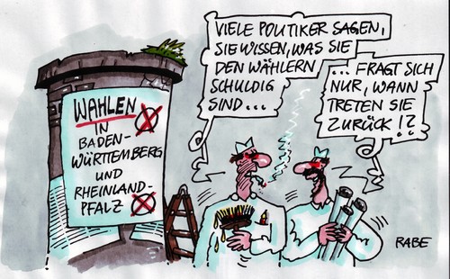 Cartoon: Rücktritt (medium) by RABE tagged wahlkampf,wahlplakat,wahlprognose,landtagwahl,ministerpräsident,mappus,cdu,beck,spd,bundesregierung,politbarometer,wählerstimmen,wahlkabine,wahlurne,stimmzettel,wählergunst,euro,krise,stuttgart21,atomkraft,atomlobby,laufzeitverkürzung,bahnhof,kernkraft,moratorium,akw,badenwürttemberg,rheinlandpfalz,bundesland,linke,grüne,csu,fdp,kanzlerin,litfaßsäule,anstreicher,tapezieren,tapetenklaister,pinsel,leim,männer,leiter,werbeplakat,poster,rücktritt,schuld,frage,politikverdrossenheit,wahlergebnisse,wahlbeteiligung,wahlkampf,wahlplakat,wahlprognose,landtagwahl,ministerpräsident,mappus,beck,spd,bundesregierung,cdu,politbarometer,wählerstimmen,wahlkabine