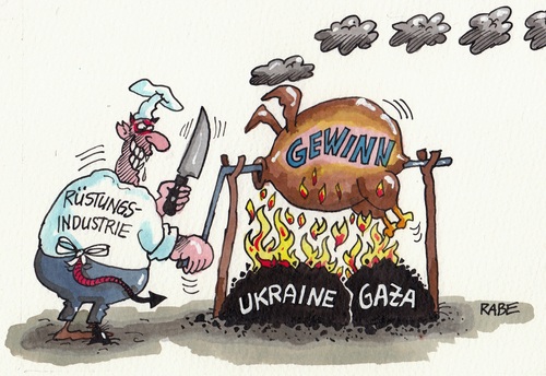 Cartoon: Rüstungsindustrie (medium) by RABE tagged nahost,ukraine,gaza,israel,gazastreifen,ostukraine,putin,moskau,juden,hamas,bombardierung,raketenbeschuss,tunnel,flugzeugkatastrophe,jerusalem,rabe,ralf,böhme,cartoon,karikatur,pressezeichnung,farbcartoon,tagescartoon,rüstung,rüstungsindustrie,rüstungskonzerne,waffenlieferung,waffenexporte,panzer,jagdflieger,kanonen,leopard,sturmgewehre,lagerfauer,krisenherd,koch,teufel,satan,braten,nahost,ukraine,gaza,israel,gazastreifen,ostukraine,putin,moskau,juden,hamas,bombardierung,raketenbeschuss,tunnel,flugzeugkatastrophe,jerusalem,rabe,ralf,böhme,cartoon,karikatur,pressezeichnung,farbcartoon,tagescartoon,rüstung,rüstungsindustrie,rüstungskonzerne,waffenlieferung,waffenexporte,panzer,jagdflieger,kanonen,leopard,sturmgewehre,lagerfauer,krisenherd,koch,teufel,satan,braten