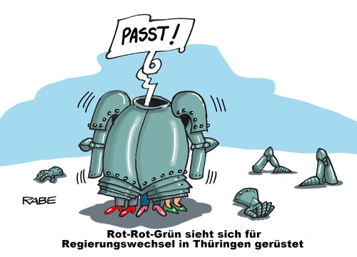 Cartoon: Rüstzeug (medium) by RABE tagged lieberknecht,thüringen,neuwahlen,cdu,linke,ramelow,grüne,sondierung,rabe,ralf,böhme,cartoon,karikatur,pressezeichnung,farbcartoon,tagescartoon,bausewein,spd,koalition,koalitionsvertrag,ministerpräsident,dezember,ministerposten,rüstung,ritter,ritterrüstung,lieberknecht,thüringen,neuwahlen,cdu,linke,ramelow,grüne,sondierung,rabe,ralf,böhme,cartoon,karikatur,pressezeichnung,farbcartoon,tagescartoon,bausewein,spd,koalition,koalitionsvertrag,ministerpräsident,dezember,ministerposten,rüstung,ritter,ritterrüstung