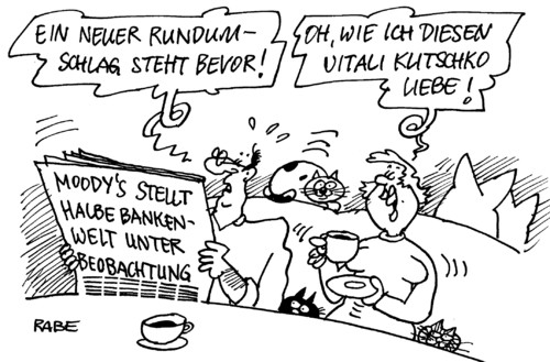 Cartoon: Rundumschlag (medium) by RABE tagged rating,ratingagentur,fitch,moodys,standard,and,poors,herabstufung,abwertung,banken,bankenwelt,banker,grossbanken,finanzwelt,börse,spekulanten,kredit,euro,kreditwürdigkeit,beobachtung,rundumschlag,boxen,boxring,boxhandschuhe,boxwettkampf,ko,niederlage,vitali,klitschko,wladimir,ukraine,ehepaar,mann,frau,katzen,kaffeetisch,couch,ratingagentur,moodys,standard,herabstufung,abwertung,banken,bankenwelt