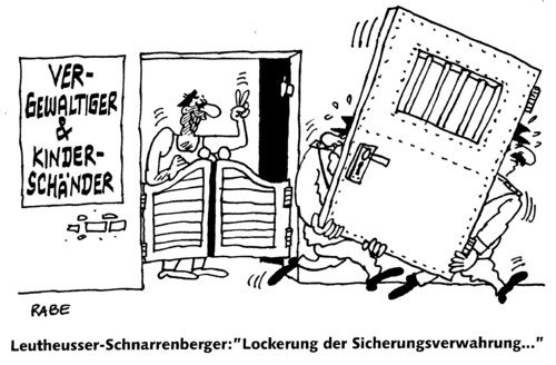 Cartoon: Schande (medium) by RABE tagged justizministerin,bundesregierung,bundesgerichsthof,eu,brüssel,schnarrenberger,fdp,justiz,justizia,strafvollzug,gefängnis,knast,schwerverbrecher,richter,anwalt,urteil,verurteilung,paragraph,vergewaltiger,kinderschänder,sexualstraftäter,sextäter,triebtäter,opfer,kinder,frauen,wachpersonal,wächter,wärter,gefängnistür,gefängnistor,gitterstäbe,zelle,arest,lockerung,sicherungsverwahrung,justizministerin,bundesgerichsthof,eu,brüssel,schnarrenberger,fdp,justiz