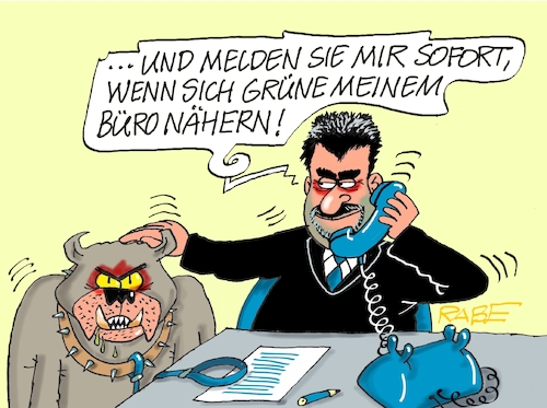 Cartoon: Schiesshund Söder (medium) by RABE tagged ampel,ampelregierung,rot,grün,gelb,fdp,spd,grüne,rabe,ralf,böhme,cartoon,karikatur,pressezeichnung,farbcartoon,tagescartoon,inflation,einkommen,rente,rentenpaket,bruch,streit,neuwahlen,wahlkampf,bayern,söder,csu,pittbull,wachhund,hund,büro,staatskanzlei,telefon,ampel,ampelregierung,rot,grün,gelb,fdp,spd,grüne,rabe,ralf,böhme,cartoon,karikatur,pressezeichnung,farbcartoon,tagescartoon,inflation,einkommen,rente,rentenpaket,bruch,streit,neuwahlen,wahlkampf,bayern,söder,csu,pittbull,wachhund,hund,büro,staatskanzlei,telefon