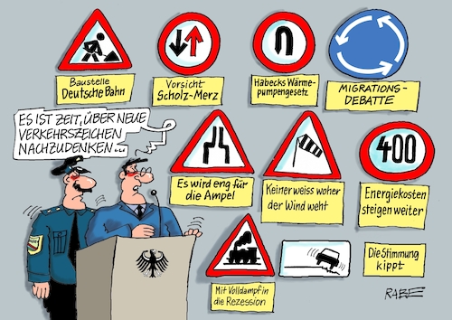 Cartoon: Schilderwald (medium) by RABE tagged ampel,ampelregierung,rot,grün,gelb,fdp,spd,grüne,rabe,ralf,böhme,cartoon,karikatur,pressezeichnung,farbcartoon,tagescartoon,pöbelei,pöbler,bestrafung,regelung,beschimpfung,bundestag,abgeordnete,verkehrszeichen,verkehrsschilder,polizei,schilderwald,merz,scholz,habeck,energiekosten,wärmepumpen,ampel,ampelregierung,rot,grün,gelb,fdp,spd,grüne,rabe,ralf,böhme,cartoon,karikatur,pressezeichnung,farbcartoon,tagescartoon,pöbelei,pöbler,bestrafung,regelung,beschimpfung,bundestag,abgeordnete,verkehrszeichen,verkehrsschilder,polizei,schilderwald,merz,scholz,habeck,energiekosten,wärmepumpen