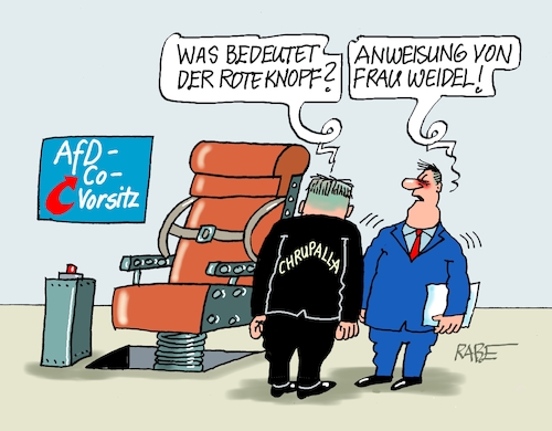 Cartoon: Schleudersitz (medium) by RABE tagged merz,kanzler,koalition,union,spd,klingbeil,cartoon,karikatur,pressezeichnung,farbcartoon,tagescartoon,db,bahn,frühling,frühjahr,frühjahrsputz,ice,zug,blumenkasten,blumenkästen,esc,songcontest,afd,rechte,alice,weidel,tilo,chrupalla,chleudersitz,doppelspitze,abschußrampe,bundesparteitag,erfurt,thüringen,landeshauptstadt,protest,demos,merz,kanzler,koalition,union,spd,klingbeil,cartoon,karikatur,pressezeichnung,farbcartoon,tagescartoon,db,bahn,frühling,frühjahr,frühjahrsputz,ice,zug,blumenkasten,blumenkästen,esc,songcontest,afd,rechte,alice,weidel,tilo,chrupalla,chleudersitz,doppelspitze,abschußrampe,bundesparteitag,erfurt,thüringen,landeshauptstadt,protest,demos