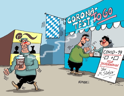 Cartoon: Schnelltest to go (medium) by RABE tagged virus,corona,pandemie,coronakrise,rabe,ralf,böhme,cartoon,karikatur,pressezeichnung,farbcartoon,tagescartoon,viren,virenschutz,mundschutz,desinfektion,föderal,föderalismus,ländersache,schnelltest,coronatest,laschet,nrw,gütersloh,schlachthof,tönnies,markus,söder,csu,münchen,bayern,ministerpräsident,coffee,to,go,virus,corona,pandemie,coronakrise,rabe,ralf,böhme,cartoon,karikatur,pressezeichnung,farbcartoon,tagescartoon,viren,virenschutz,mundschutz,desinfektion,föderal,föderalismus,ländersache,schnelltest,coronatest,laschet,nrw,gütersloh,schlachthof,tönnies,markus,söder,csu,münchen,bayern,ministerpräsident,coffee,to,go