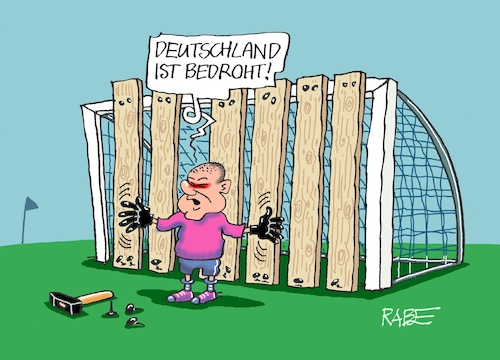 Cartoon: Scholzkeeper (medium) by RABE tagged fußball,fussball,bundesliga,meistertitel,fußballer,bayern,münchen,bayer,leverkusen,rabe,ralf,böhme,cartoon,karikatur,pressezeichnung,frabcartoon,tagescartoon,schild,meister,schuß,ecke,eckball,sport,em,europameisterschaft,deutschland,olaf,scholz,bretter,hammer,nägel,bundestagsrede,red,debatte,wahlkampf,wahlkampfrede,bedrohung,sicherheit,ukrainekrieg,hochwasser,flutkatastrophe,attentat,attentäter,polizistenmord,messerattacke,abschiebung,gefährder,fußball,fussball,bundesliga,meistertitel,fußballer,bayern,münchen,bayer,leverkusen,rabe,ralf,böhme,cartoon,karikatur,pressezeichnung,frabcartoon,tagescartoon,schild,meister,schuß,ecke,eckball,sport,em,europameisterschaft,deutschland,olaf,scholz,bretter,hammer,nägel,bundestagsrede,red,debatte,wahlkampf,wahlkampfrede,bedrohung,sicherheit,ukrainekrieg,hochwasser,flutkatastrophe,attentat,attentäter,polizistenmord,messerattacke,abschiebung,gefährder