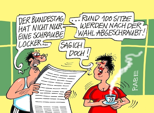 Cartoon: Schrauben locker (medium) by RABE tagged ampel,ampelregierung,rot,grün,gelb,fdp,spd,grüne,rabe,ralf,böhme,cartoon,karikatur,pressezeichnung,farbcartoon,tagescartoon,inflation,einkommen,rente,rentenpaket,bruch,streit,neuwahlen,wahl,wahlergebnis,bundestag,verkleinerung,sitze,schraube,lockerung,wahlausgang,abgeordnete,wahlrechtsreform,plenarsaale,ampel,ampelregierung,rot,grün,gelb,fdp,spd,grüne,rabe,ralf,böhme,cartoon,karikatur,pressezeichnung,farbcartoon,tagescartoon,inflation,einkommen,rente,rentenpaket,bruch,streit,neuwahlen,wahl,wahlergebnis,bundestag,verkleinerung,sitze,schraube,lockerung,wahlausgang,abgeordnete,wahlrechtsreform,plenarsaale