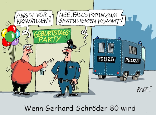 Cartoon: Schröder feiert (medium) by RABE tagged gerhard,schröder,altkanzler,spd,geburtstag,geburtstagsparty,geburtstagsgäste,rabe,ralf,böhme,cartoon,karikatur,pressezeichnung,farbcartroon,tagescartoon,polizei,sek,gefängnis,einsatzfahrzeug,putin,putinfreun,gästeliste,gratulanten,gefangenentransport,haftbefehl,kriegsverbrecher,demokrat,gerhard,schröder,altkanzler,spd,geburtstag,geburtstagsparty,geburtstagsgäste,rabe,ralf,böhme,cartoon,karikatur,pressezeichnung,farbcartroon,tagescartoon,polizei,sek,gefängnis,einsatzfahrzeug,putin,putinfreun,gästeliste,gratulanten,gefangenentransport,haftbefehl,kriegsverbrecher,demokrat