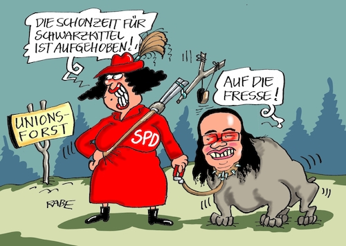 Cartoon: Schwarzwild II (medium) by RABE tagged sonderparteitag,spd,martin,schulz,ja,groko,koalitionsverhandlungen,rabe,ralf,böhme,cartoon,karikatur,pressezeichnung,farbcartoon,tagescartoon,merkel,union,koalitionsgespräche,schwarzwil,schwarzkittel,wildschweine,unionsforst,schweinepest,nahles,kampfhund,jäger,sonderparteitag,spd,martin,schulz,ja,groko,koalitionsverhandlungen,rabe,ralf,böhme,cartoon,karikatur,pressezeichnung,farbcartoon,tagescartoon,merkel,union,koalitionsgespräche,schwarzwil,schwarzkittel,wildschweine,unionsforst,schweinepest,nahles,kampfhund,jäger