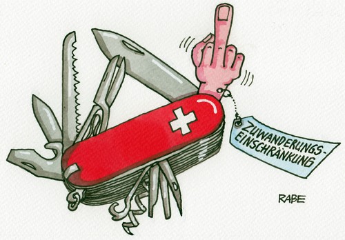 Cartoon: Schweizermesser (medium) by RABE tagged schweiz,schweizermesser,eidgenossen,taschenmesser,klinge,stinkefinger,volksabstimmung,zuwanderungsstopp,massenzuwanderung,einwanderungsbeschränkung,zuwanderungseinschränkung,eu,europaparlament,ausländer,personenverkehr,grenze,borderline,rabe,ralf,böhme,cartoon,karikatur,pressezeichnung,farbcartoon,votum,svp,volkspartei,begrenzung,arbeitnehmer,rechtspartei,rechte,schweiz,schweizermesser,eidgenossen,taschenmesser,klinge,stinkefinger,volksabstimmung,zuwanderungsstopp,massenzuwanderung,einwanderungsbeschränkung,zuwanderungseinschränkung,eu,europaparlament,ausländer,personenverkehr,grenze,borderline,rabe,ralf,böhme,cartoon,karikatur,pressezeichnung,farbcartoon,votum,svp,volkspartei,begrenzung,arbeitnehmer,rechtspartei,rechte