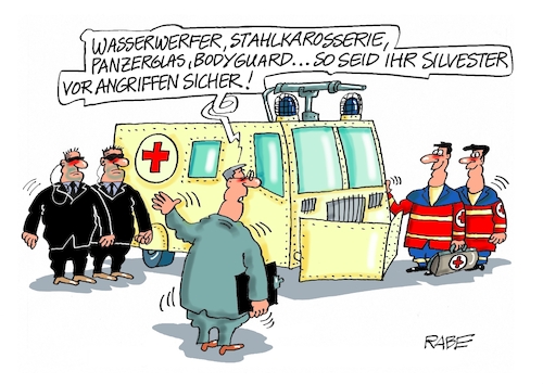 Cartoon: Silvesterterror (medium) by RABE tagged silvester,neujahr,jahresbeginn,prosit,rutsch,feuerwerk,böller,neujahrsansprache,silvesteransprache,rabe,ralf,böhme,cartoon,karikatur,pressezeichnung,farbcartoon,tagescartoon,tv,rede,alexa,amazon,terror,gewalt,notarzt,rettungsdienst,bodyguard,burg,wasserwerfer,silvester,neujahr,jahresbeginn,prosit,rutsch,feuerwerk,böller,neujahrsansprache,silvesteransprache,rabe,ralf,böhme,cartoon,karikatur,pressezeichnung,farbcartoon,tagescartoon,tv,rede,alexa,amazon,terror,gewalt,notarzt,rettungsdienst,bodyguard,burg,wasserwerfer